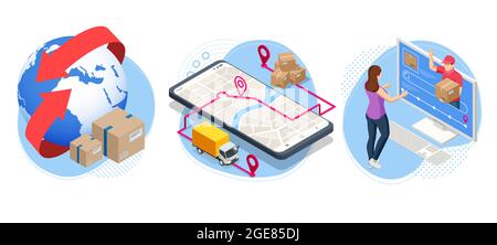 Isometrisches globales Logistiknetzwerk. Luftfracht, Schienenverkehr, Seeschifffahrt, Lager, Containerschiff, Skyline der Stadt auf der Weltkarte. Stock Vektor