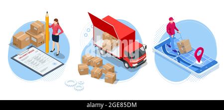 Isometrisches globales Logistiknetzwerk. Luftfracht, Schienenverkehr, Seeschifffahrt, Lager, Containerschiff, Skyline der Stadt auf der Weltkarte. Stock Vektor