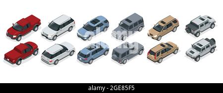 Isometrische realistische SUV-Autos setzen Vorlage auf weißem Hintergrund. Kompakter Crossover, LKW, Pickup, SUV, 5-türiger Kombi-Wagen. Vorlagenvektor Stock Vektor