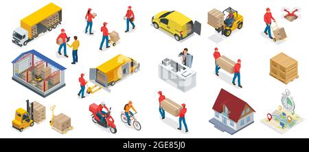 Isometrisches großes Set-Symbol für Logistik- und Lieferelemente. Lieferung nach Hause und ins Büro. City-Logistik. Lager, LKW, Gabelstapler, Kurier, Drohne und Stock Vektor