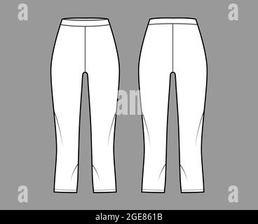 Fahrradshorts Leggings technische Mode-Illustration mit natürlicher Taille, hoher Bund, Wadenlänge. Flache Sport-Trainingshose, Hose Bekleidungsvorlage vorne, hinten, weiße Farbe. Frauen, Unisex-CAD-Modell Stock Vektor