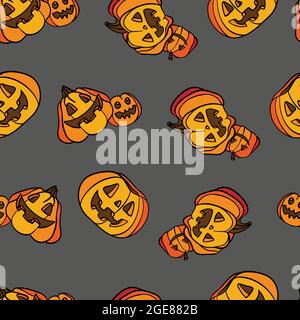Vektor nahtloses Muster für Halloween. Hintergrund mit sich wiederholenden niedlichen Kürbissen isoliert auf grauem Hintergrund. Helle Cartoon-Muster für Halloween. Für Stock Vektor