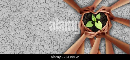 Unterstützung durch den Erdtag und Klimaschutz Dürreschutz oder Agrarsicherheit oder ökologische Einheit als Herzhände in einer Gruppe von Menschen verbunden. Stockfoto