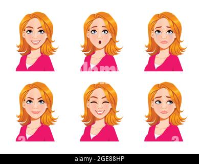 Gesichtsausdrücke der blonden Frau. Set aus sechs verschiedenen weiblichen Emotionen. Schöne Zeichentrickfigur. Vektordarstellung auf weißem Hintergrund isoliert. Stock Vektor