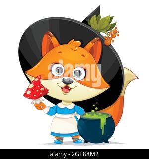 Frohe Halloween. Niedliche Füchse Hexe. Lustiger Hexenfuchs mit Fliegenagarik und Hexenkessel mit Trank. Vektorgrafik auf weißem Hintergrund Stock Vektor