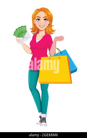 Erfolgreiche Geschäftsfrau. Nette Geschäftsfrau Zeichentrickfigur geht einkaufen. Vektorgrafik für Aktien. Stock Vektor