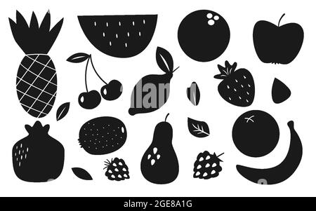 Frucht und Beere Glyphe Silhouette schwarz Symbol Set für Design. Wassermelone, Erdbeere, Birne, Kiwi, Ananas, brombeere, Himbeere, Zitrone, Granatapfel, Kokosnuss, apfelscheibe und Kirschorange-Banane Stock Vektor