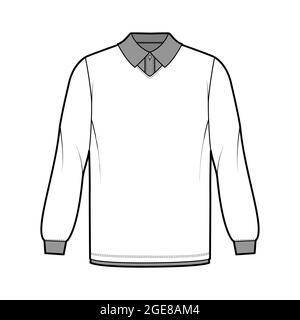Shirt doppelte technische Mode-Illustration mit langen Ärmeln, Tunika-Länge, henley-Ausschnitt, übergroße, flache klassische Kragen. Bekleidungstop außen Schablone vorne, weiß. Frauen Männer CAD-Modell Stock Vektor