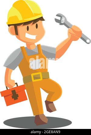 Reparatur Mann Holding Schraubenschlüssel Arbeiter Mechaniker Werkstatt Emblem Abzeichen Mascot Illustration Stock Vektor