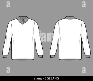 Shirt doppelte technische Mode-Illustration mit langen Ärmeln, Tunika-Länge, henley-Ausschnitt, übergroße, flache klassische Kragen. Bekleidungstop außen Schablone vorne, hinten, weiß. Frauen Männer CAD-Modell Stock Vektor