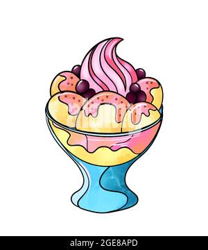 Abbildung einer farbigen Zeichnung von Süßigkeiten: Gelbrosa Desserteis in Kugeln und in der Mitte mit rosa Creme in einer blauen Vase auf weißem, isolierten Hintergrund dekoriert. Hochwertige Illustration Stockfoto