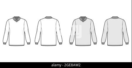 Shirt doppelte technische Mode-Illustration mit langen Ärmeln, Tunika-Länge, henley-Ausschnitt, übergroße, flache klassische Kragen. Bekleidungstop außen Schablone vorne, hinten, weiß, grau. CAD-Modell für Frauen Stock Vektor