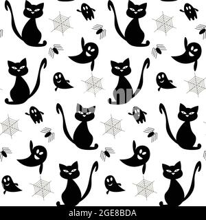 Schwarz-weißes Muster für halloween. Vektorgrafik. Geister, schwarze Katze, Spinne mit Spinnweben. Stock Vektor