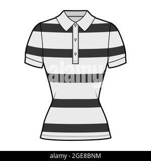 Shirt Rugby-Streifen technische Mode-Illustration mit kurzen Ärmeln, Tunika Länge, taillierter Body, henley Polokragen. Bekleidung outwear Schablone vorne, grau. Frauen, Männer, Unisex-CAD-Modell Stock Vektor