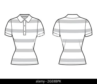 Shirt Rugby-Streifen technische Mode-Illustration mit kurzen Ärmeln, Tunika Länge, taillierter Body, Kragen. Bekleidungstop außen Schablone vorne, hinten, weiß in Farbe. Frauen, Männer, Unisex-CAD-Modell Stock Vektor