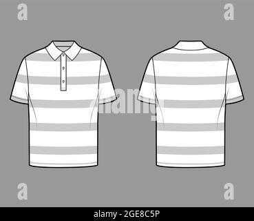 Shirt Rugby-Streifen technische Mode-Illustration mit kurzen Ärmeln, Tunika Länge, übergroße Body, henley Kragen. Bekleidungstop außen Schablone vorne, hinten, weiß in Farbe. Frauen Männer, CAD-Modell Stock Vektor