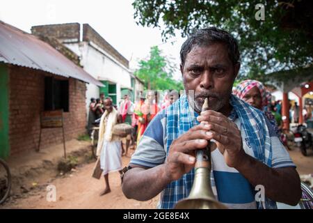 Die Dorfbewohner feierten die Göttin Manasa (die Hindu-Serpentine-Göttin) Puja. Als Teil des Rituals fangen Anhänger vor dem Gottesdienst giftige Schlangen (meist Kobra) von Reisfeldern, Schlangenzähne werden von Schlangenbeschwörern entfernt und bei ihren Hütten behalten und später als Teil traditioneller Rituale verehrt. Dieses Festival ist bekannt als 'Jhapan'. Das Jhapan-Fest wird jedes Jahr am 17. August anlässlich der Göttin Manasa Puja gefeiert. Das Jhapan Festival ist das größte Schlangenfestival von Jharkhand und Bengalen. Während der Manasa Puja-Feier können Schlangenbeschwörer mit der giftigen Schlange mithalten Stockfoto