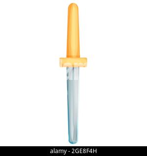 Pipette, Pipette aus Glasmaterial im Cartoon-Stil, isoliert auf weißem Hintergrund. Chemiegeräte, medizinisches Werkzeug. Detailreich glänzendes Objekt.. Vektorgrafik Stock Vektor