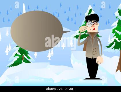 Lustige Cartoon-Mann für den Winter mit einer Lupe gekleidet. Vektorgrafik. Stock Vektor