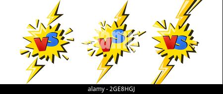 Superheld gegen Schild mit Blitz. VS Buchstaben in gelbem Stern als Symbol für Kampf und Konfrontation. Comic-Vektor-Illustration in weiß isoliert Stock Vektor