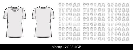 Set von Oberteilen - Shirts, Tanks, Blusen technische Mode Illustration mit angepassten übergroßen, U-Ausschnitt, kurze Ellbogen lange Ärmel. Flache Bekleidungsvorlage vorne, hinten, grau. Frauen, Männer CAD-Modell Stock Vektor