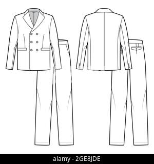 Zweireihiger Anzugssatz - klassische Hosen- und Sakko für Herren technische Mode-Illustration mit zwei - Teilen, langen Ärmeln, Taschen. Flache Schablone vorne, hinten, weiße Farbe. Frauen, Unisex-CAD-Modell Stock Vektor