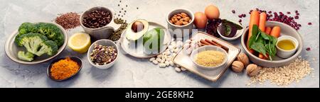 Beste Quellen für die Gesundheit der Leber. Gesundheit Obst und Gemüse reich an Antioxidantien und Ballaststoffen. Panorama Stockfoto
