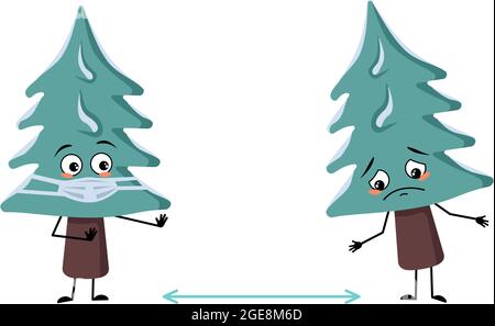Niedlicher Weihnachtsbaum mit traurigen Emotionen, Gesicht und Maske halten Distanz, Arme und Beine. Kiefer mit Augen. Neujahr festliche Dekoration, fröhliche Tanne Stock Vektor