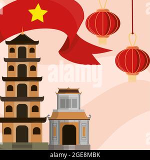 vietnam Tempel und Flagge Stock Vektor