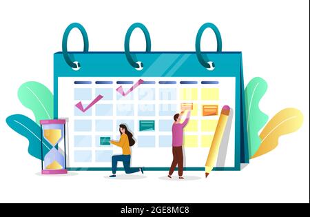 Mitarbeiter aus dem Geschäftsleben planen Zeitplan auf Kalender, Vektordarstellung. Zeitmanagement. Kampagnenplanung. Stock Vektor