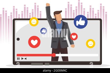 Junger Mann, der vor einem Aufnahmevideo spricht. Konzept von Social Media oder Influencer Marketing. Vektorgrafik. Stock Vektor