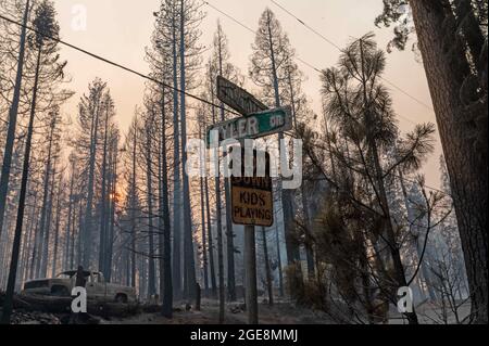 Grizzly Flats, USA, 17. August 2021. Autos und Häuser brannten während des Caldor-Feuers am Dienstag, den 17. August 2021 in Grizziy Flats zu Boden. (Bild: © Paul Kitagaki Jr./ZUMA Press Wire) Stockfoto