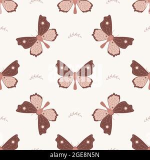 Nahtloses Muster mit Boho-Schmetterling. Insekt mit himmlischen Elementen. Hexen- und Zaubersymbol für Textil, Stoff, Drucke. Abstrakter handgezeichneter Vektor Stock Vektor