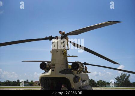 Soldaten der US-Armee mit dem 1. Bataillon, dem 228. Aviation Regiment, Joint Task Force-Bravo führen Wartungsarbeiten an einem CH-47 Chinook Hubschrauber auf Grand Cayman, Cayman Islands, August 16 durch. Zwei CH-47 Chinook, zwei UH-60 und zwei HH-60 Black Hawk Hubschrauber und Personal, das JTF-Bravo zugewiesen wurde, wurden vom Soto Cano Air Base, Honduras, eingesetzt, um die Operationen des U.S. Southern Command zur Unterstützung Haitis zu unterstützen, nachdem ein Erdbeben im Jahr 7.2 das Land verwüstet hatte. (USA Luftwaffe Foto von Capt. Annabel Monroe) Stockfoto