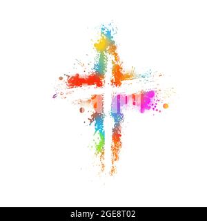 Mehrfarbiger Kreuzverfärbungen. Kreuz aus Regenbogenblots. Frohe Ostern. Vektorgrafik Stock Vektor