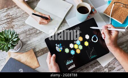 Gemischte Medien. Farbige Symbole für Geschäftsanwendungen auf dem Gerätebildschirm. Marketingstrategie Stockfoto