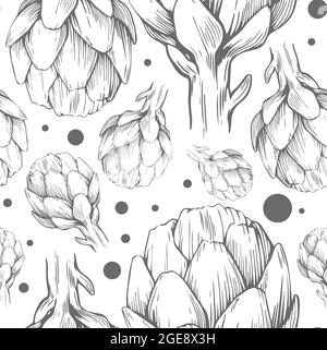 Nahtloses Muster mit handgezeichneten Artischocken. Vektorgrafik. Botanisches Muster für Textilien und Tapeten. Stock Vektor