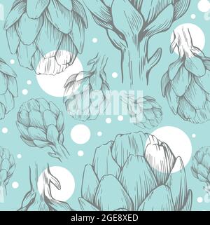 Nahtloses Muster mit handgezeichneten Artischocken. Vektorgrafik. Botanisches Muster für Textilien und Tapeten. Stock Vektor