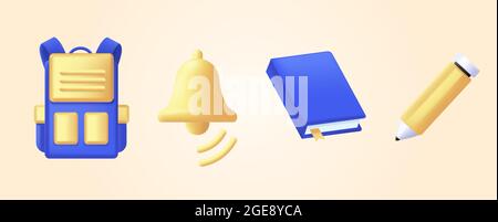 3d Illustration Icons für Back to School Poster mit modernem Rendering wie Elemente, Backpacking und Glocke, Buch Notizbuch mit Bleistift Stock Vektor