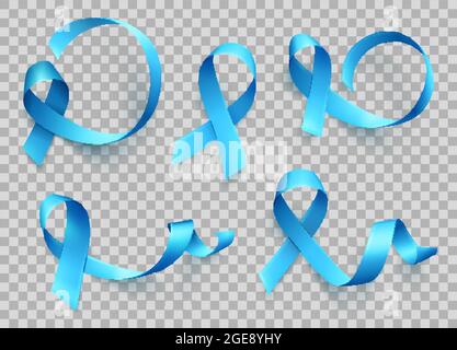 Große Reihe von realistischen blauen Bändern isoliert auf weißem Hintergrund. Symbol für Prostatakrebs Bewusstsein Monat im Nowember. Vorlage für Poster. Vektorgrafik. Stock Vektor