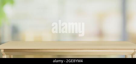 Freiraum, Kopierraum auf hellem Holztisch, Tischplatte, Platz für Produktdarstellung, verschwommenes Rauminnere im Hintergrund, 3d-Rendering, 3d-Illust Stockfoto