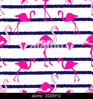 Pink Flamingo Muster Design auf Blue Stripes Hintergrund Stock Vektor