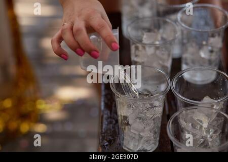 Junge Frau auf einer Junggesellinnenparty macht einen Mojito-Cocktail für die Firma. Anweisungen zur Vorbereitung. Schritt 1. Hochwertige Fotos Stockfoto