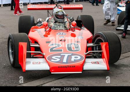 Eagle 7200 Offenhauser STP Indy 500 beim Goodwood Festival of Speed Motorrennsport Event 2014. Aus dem Fahrerlager fahren Stockfoto