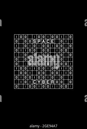 Cyber Space T-Shirt und Bekleidungsdesign mit binärem Code Tabellenkalkulation. Retro-Cyberpunk. Schwarz-Weiß-Druck. Vektor Stock Vektor