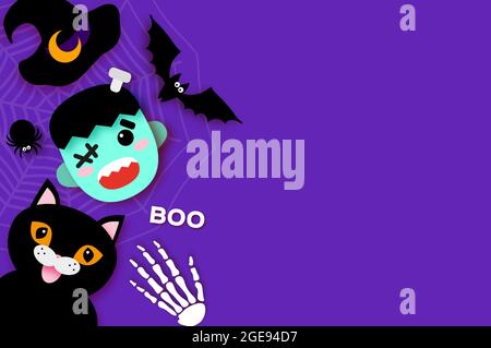 Frohe Halloween. Monster Frankenstein. Schwarze Katze. Trick or Treat. Fledermaus, Spinne, Netz, Knochen Platz für Text Lila Vektor Stock Vektor