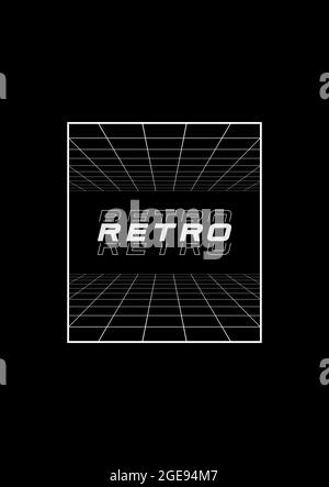 RetroWave T-Shirt und Bekleidungsdesign mit perspektivischen Rastern, die sich am Horizont abzeichnen, und trendigen Inschriften IM RETRO-STIL. Illustration der Ästhetik der 1980er Jahre Stock Vektor