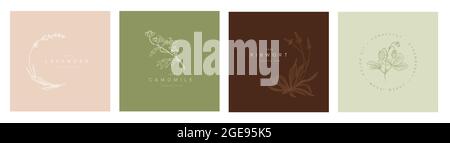 Minimalistisches florales Emblem Schilderrahmen Schablone Sammlung aus einfachen Blumen und Blättern für Hochzeitseinladungen Produktdruck oder Emblem Zeichen Stock Vektor