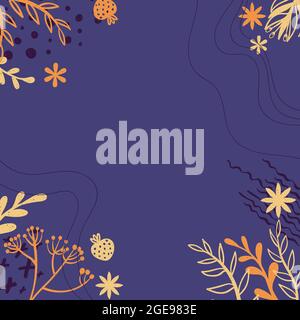 Quadratischer Hintergrund mit Doodle Blume und Blätter Silhouette und abstrakte Formen und Platz für Text. Banner mit Kopierfläche und handgezeichneter dekorativer Pl Stock Vektor