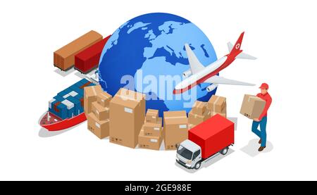 Isometrisches Globales Logistiknetzwerk. Luftfracht LKW-Schienenverkehr Seeschifffahrt pünktlich Lieferfahrzeuge entwickelt, um große Zahlen zu tragen Stock Vektor